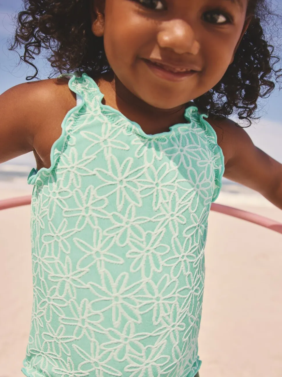 Mint Green Floral Texture - Lettuce Edge Swimsuit (3mths-7yrs)