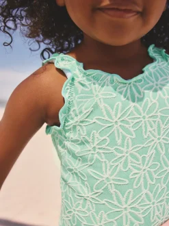 Mint Green Floral Texture - Lettuce Edge Swimsuit (3mths-7yrs)