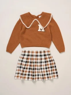 Miss True Knit Brown Jumper with Woven Collar and Check Skirt Set