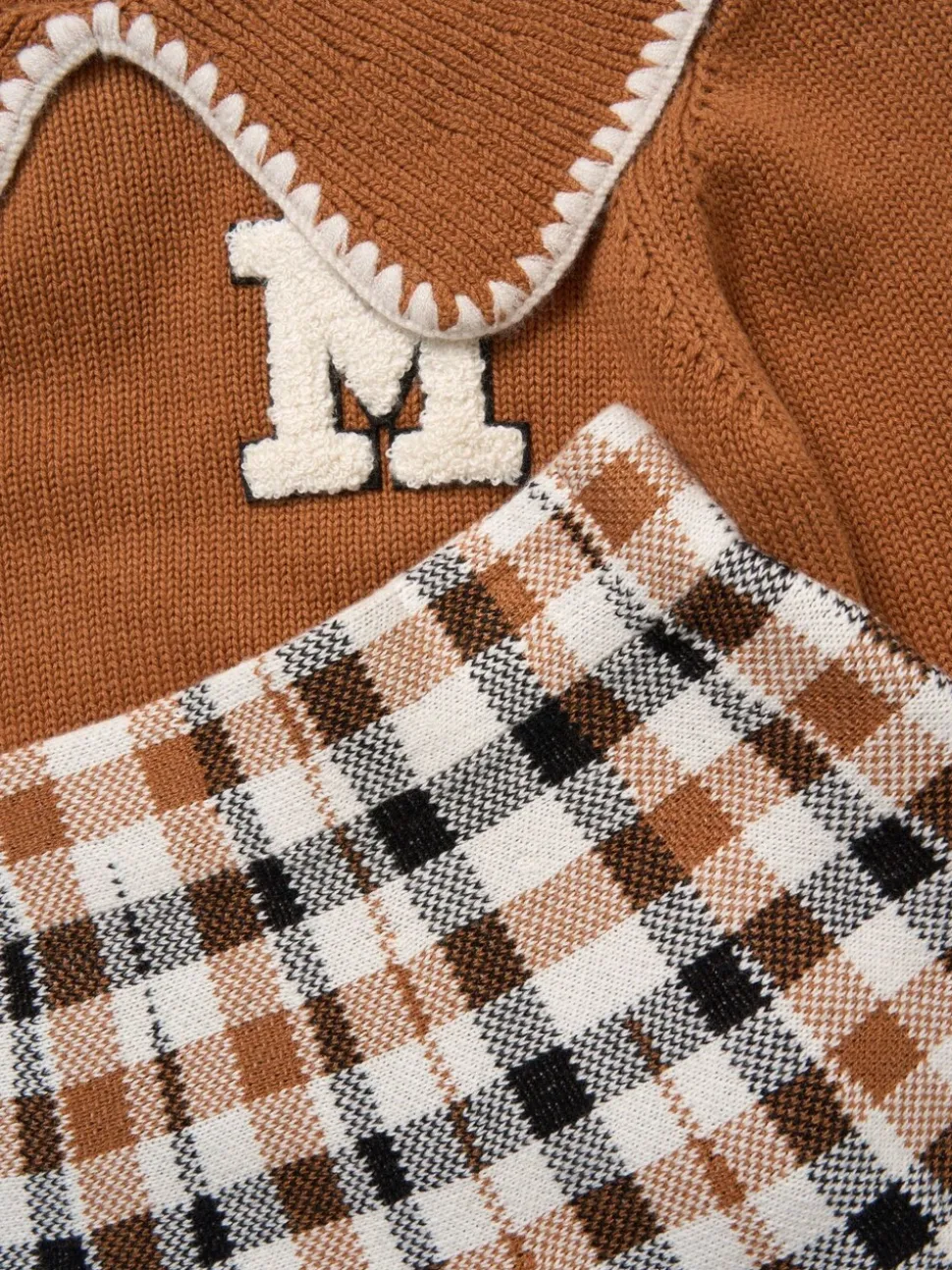 Miss True Knit Brown Jumper with Woven Collar and Check Skirt Set