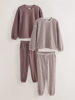 Mokkabruin gestreept - Cosy Waffle Long Sleve Pyjamas 2 Pack