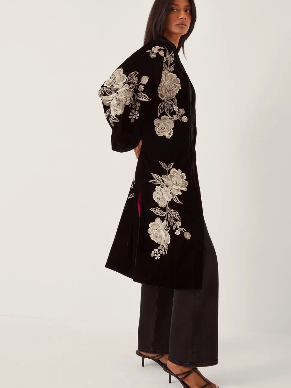 Monsoon Fia Floral Embroidered Velvet Kimono