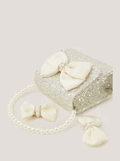 Monsoon Glitter Pearl Bow Handbag & Hair Clips Set