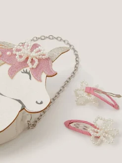 Monsoon Glitter Unicorn Bag & Pearly Hair Clips Set