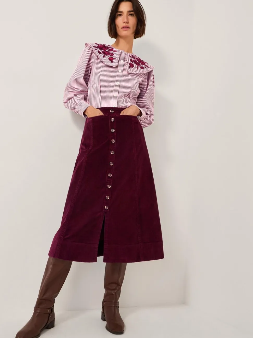 Monsoon Jamie Button Corduroy Midi Skirt