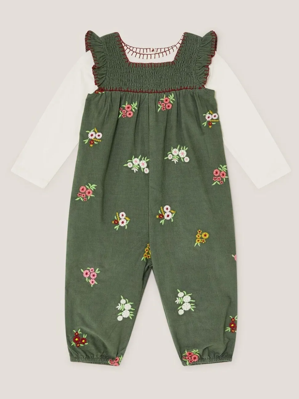 Monsoon Long Sleeve Top & Floral Corduroy Dungarees Set