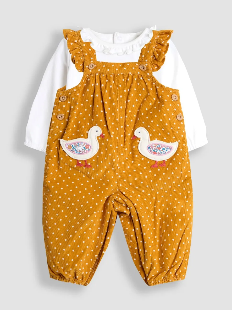 Mosterdgeel eend - JoJo Maman Bébé - Set van corduroy tuinbroek met applicatie en top