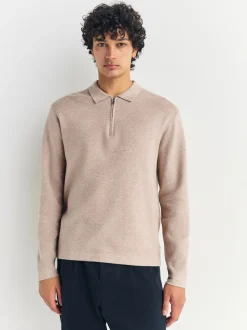 Moutkleurig - Half met rits - Regular Fit Premium Mid Weight Long Sleeve Knit Polo Shirt