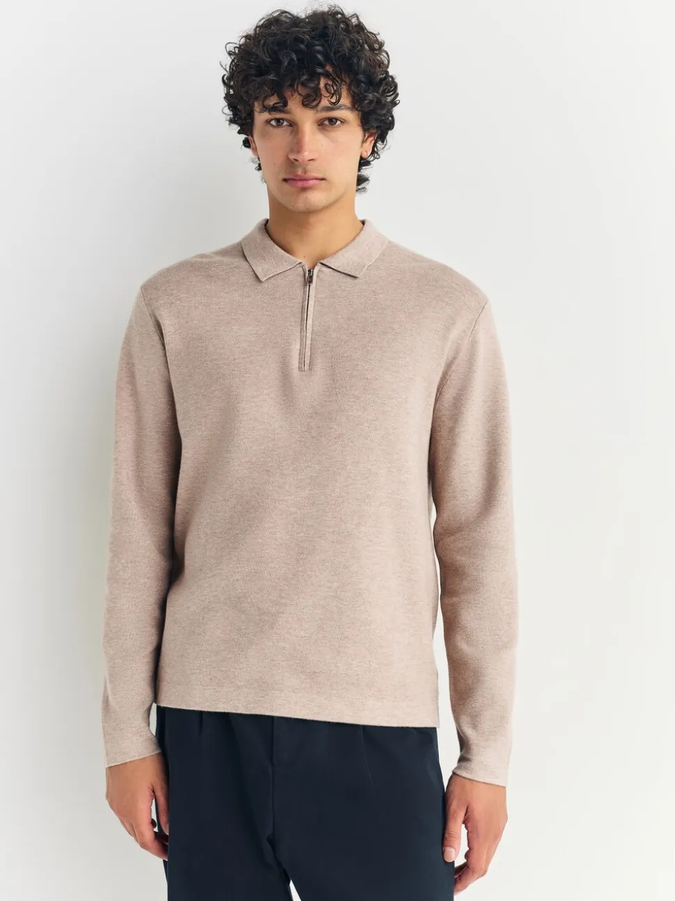 Moutkleurig - Half met rits - Regular Fit Premium Mid Weight Long Sleeve Knit Polo Shirt