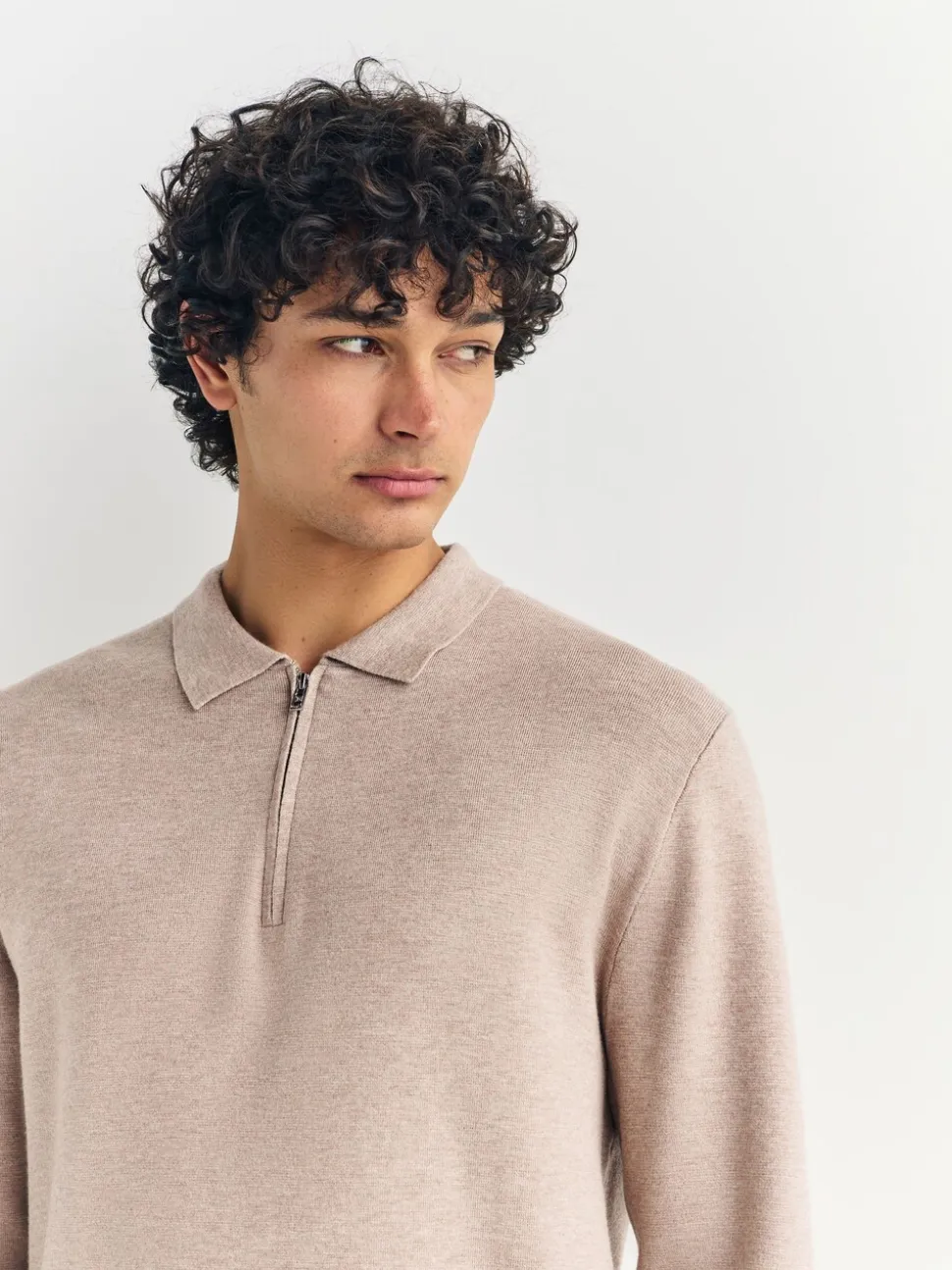 Moutkleurig - Half met rits - Regular Fit Premium Mid Weight Long Sleeve Knit Polo Shirt