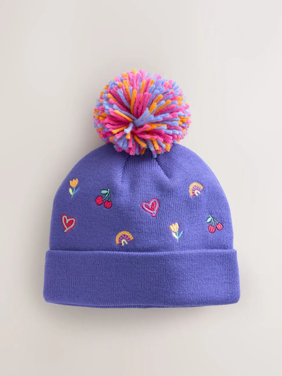 Multi - Geborduurde Beanie-muts met pompon (3mnd-10jr)
