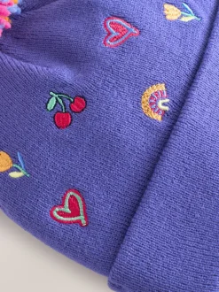 Multi - Geborduurde Beanie-muts met pompon (3mnd-10jr)