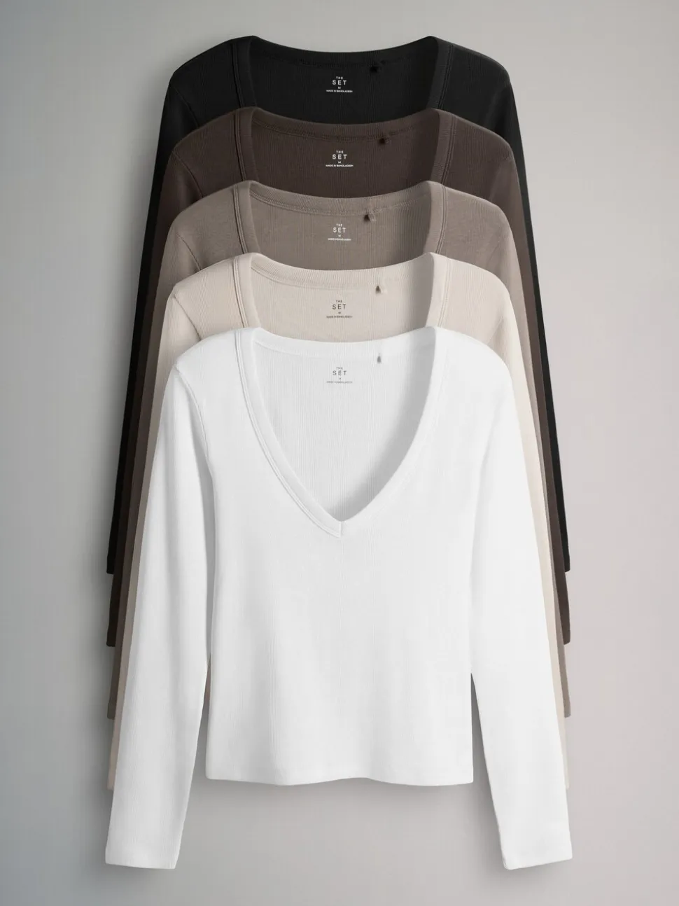 Multi - The Set 5 Pack Long Sleeve V-Neck Ribbed T-Shirts
