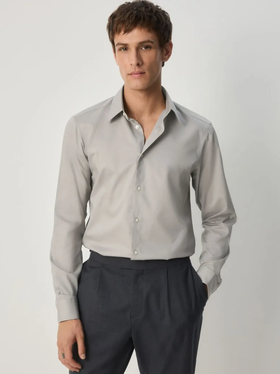 Naturel bruin - Slim Fit - Onderhoudsvriendelijk, getextureerd, slim fit overhemd met enkele manchet