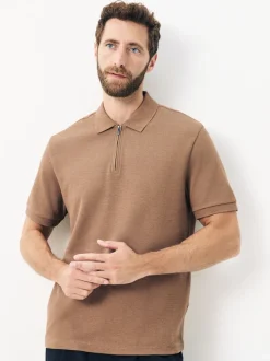Naturel bruin - Smart poloshirt met textuur en rits
