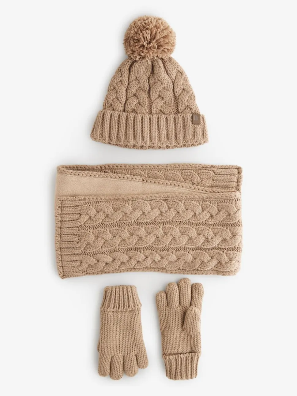 Naturel gebreid met kabelpatroon - Hoed, Handschoenen & Sjaals 3 delige Set (3-16jaar)
