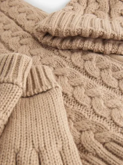 Naturel gebreid met kabelpatroon - Hoed, Handschoenen & Sjaals 3 delige Set (3-16jaar)