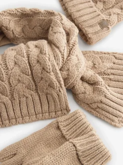 Naturel gebreid met kabelpatroon - Hoed, Handschoenen & Sjaals 3 delige Set (3-16jaar)