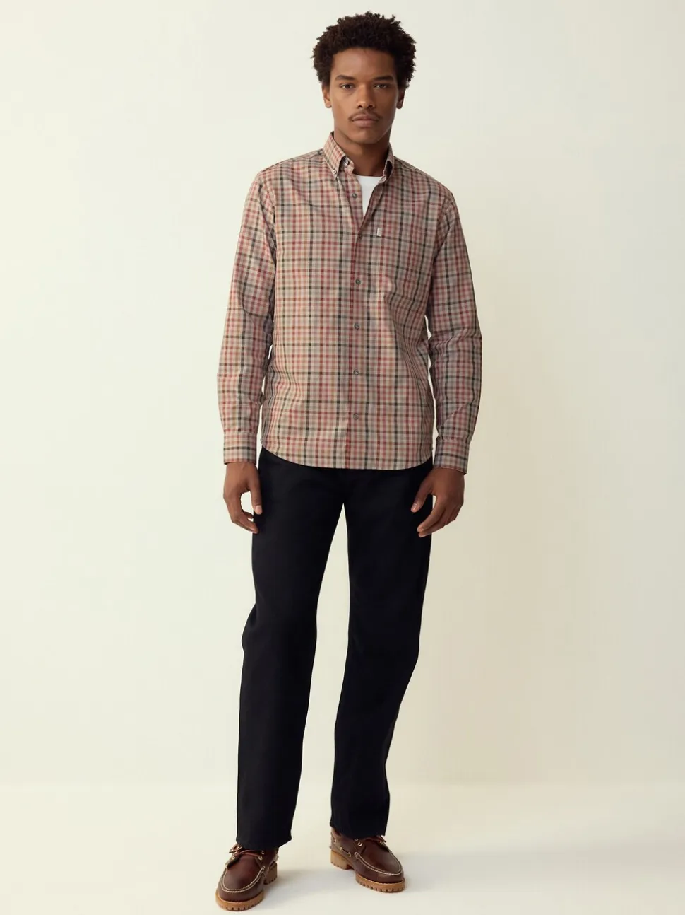 Naturel met gingham-ruit - Eenvoudig te strijken Oxford-overhemd met knopen en standaard pasvorm
