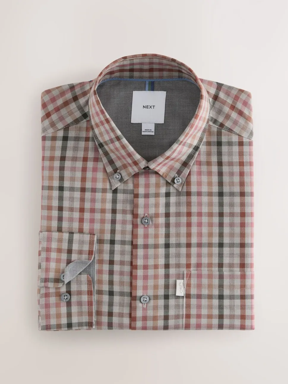 Naturel met gingham-ruit - Eenvoudig te strijken Oxford-overhemd met knopen en standaard pasvorm