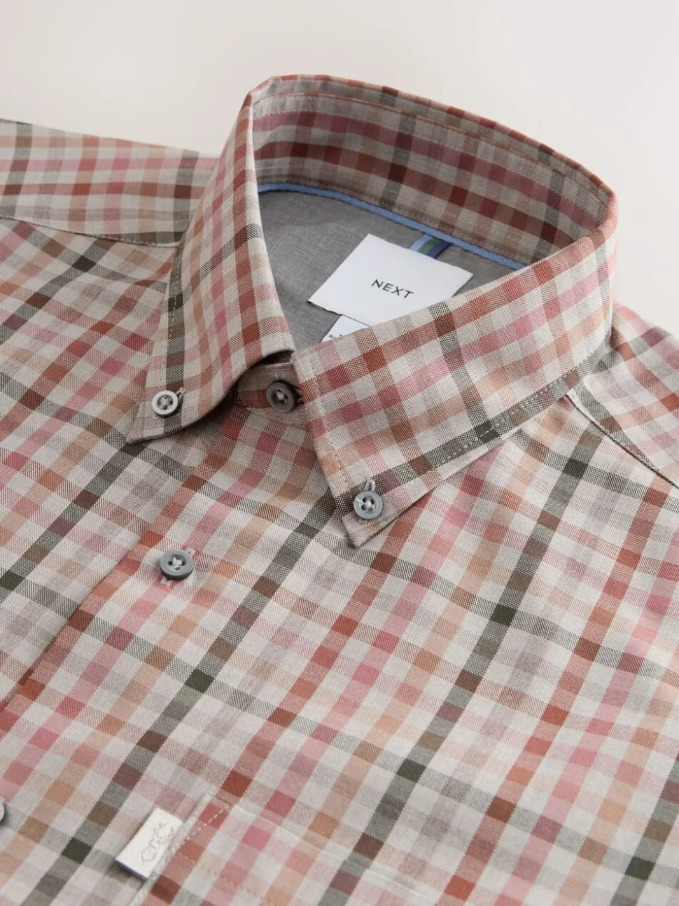 Naturel met gingham-ruit - Eenvoudig te strijken Oxford-overhemd met knopen en standaard pasvorm