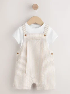 Naturel met strepen - Geweven bretelbroeken en bodysuit babyset (0mnd -2jr)