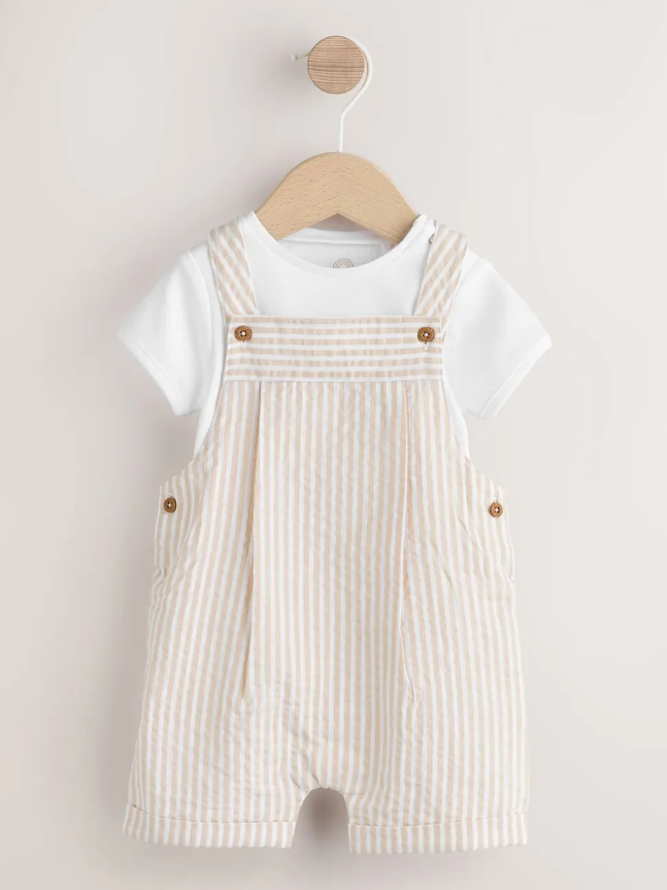 Naturel met strepen - Geweven bretelbroeken en bodysuit babyset (0mnd -2jr)