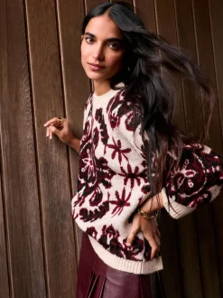 Naturel/Bordeauxrood - Statement trui met Paisley en ronde hals