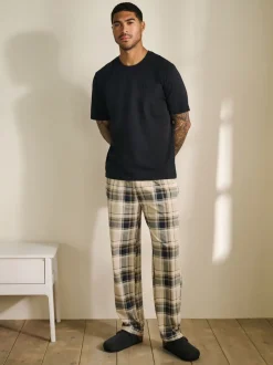 Naturel/zwart geruit - Jersey pyjama met korte mouwen
