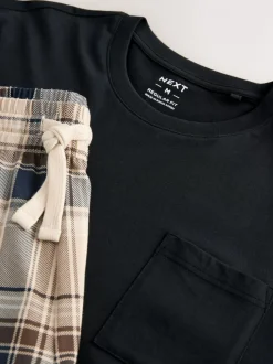 Naturel/zwart geruit - Jersey pyjama met korte mouwen