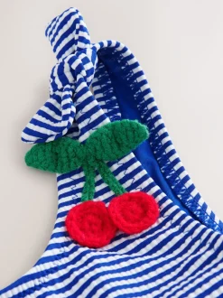 Navy Blue Cherry Stripe Crinkle - Bikini (3-16 jr)