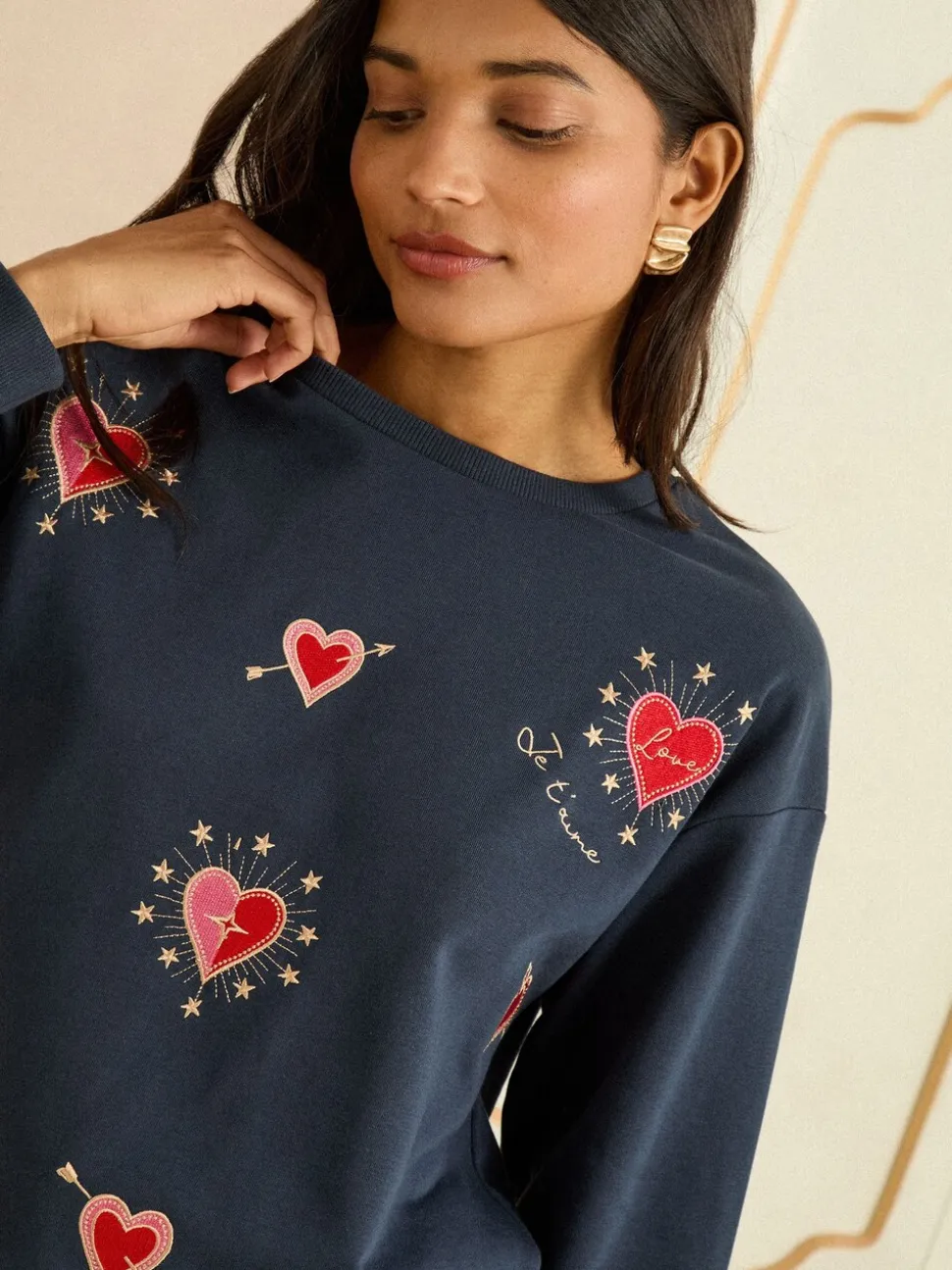 Navy Blue Heart Embroidery - Love & Roses - Jersey sweatshirt met ronde hals