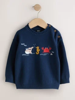 Navy Blue Sealife - Character Knitted Crew Neck Jumper (3mths-7yrs)
