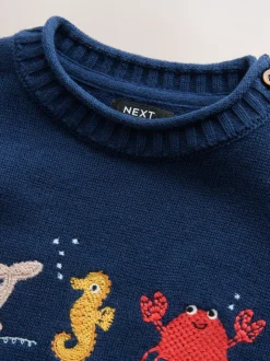 Navy Blue Sealife - Character Knitted Crew Neck Jumper (3mths-7yrs)