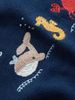 Navy Blue Sealife - Character Knitted Crew Neck Jumper (3mths-7yrs)