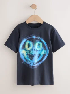 Navy Digi Happy Face - T-shirt met normale pasvorm, korte mouwen en all-over print (3-16jr)