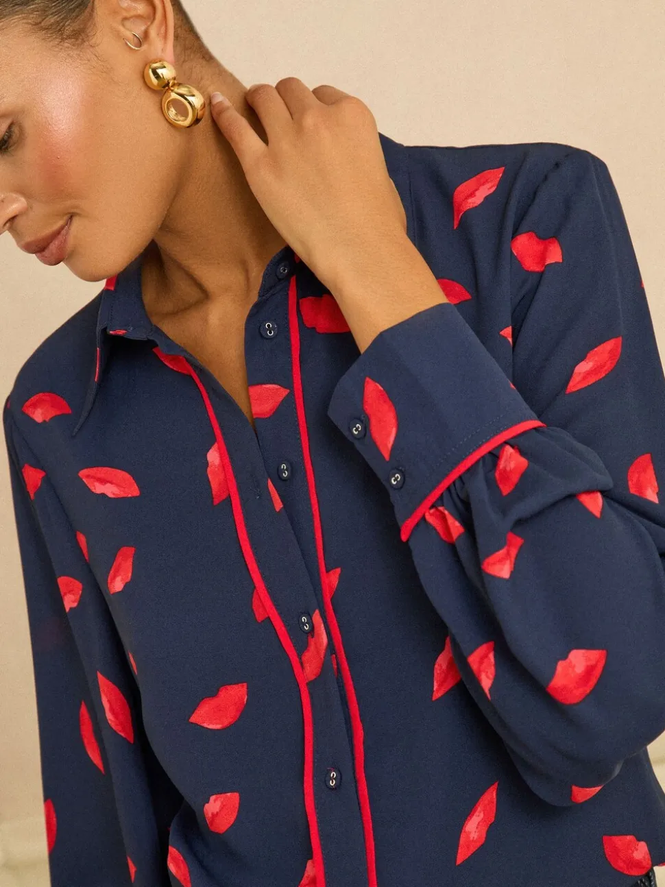 Navy Lips Print - Love & Roses Long Sleeve Button Through Shirt