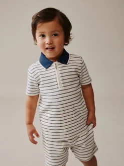 Navy/White Stripe Zip Neck - Set van poloshirt met korte mouwen en short (3mnd-7jr)