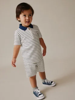 Navy/White Stripe Zip Neck - Set van poloshirt met korte mouwen en short (3mnd-7jr)