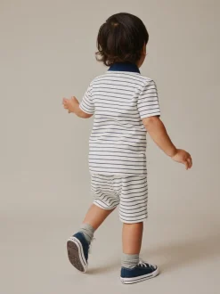 Navy/White Stripe Zip Neck - Set van poloshirt met korte mouwen en short (3mnd-7jr)