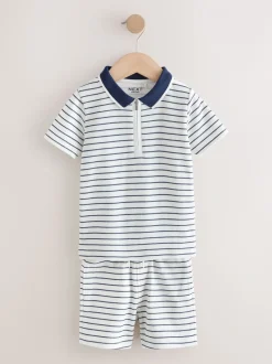 Navy/White Stripe Zip Neck - Set van poloshirt met korte mouwen en short (3mnd-7jr)