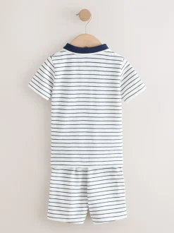 Navy/White Stripe Zip Neck - Set van poloshirt met korte mouwen en short (3mnd-7jr)