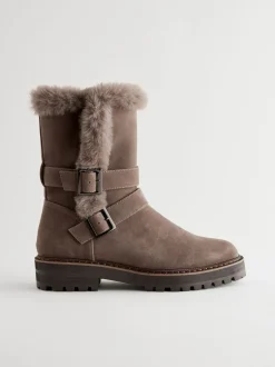 Nertsgrijs/bruin - Faux Fur Double Buckle Ankle Boots