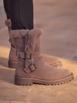 Nertsgrijs/bruin - Faux Fur Double Buckle Ankle Boots