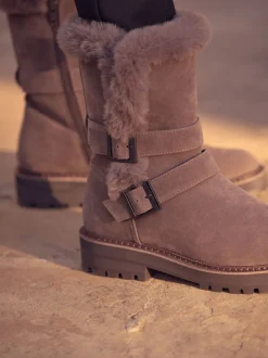 Nertsgrijs/bruin - Faux Fur Double Buckle Ankle Boots