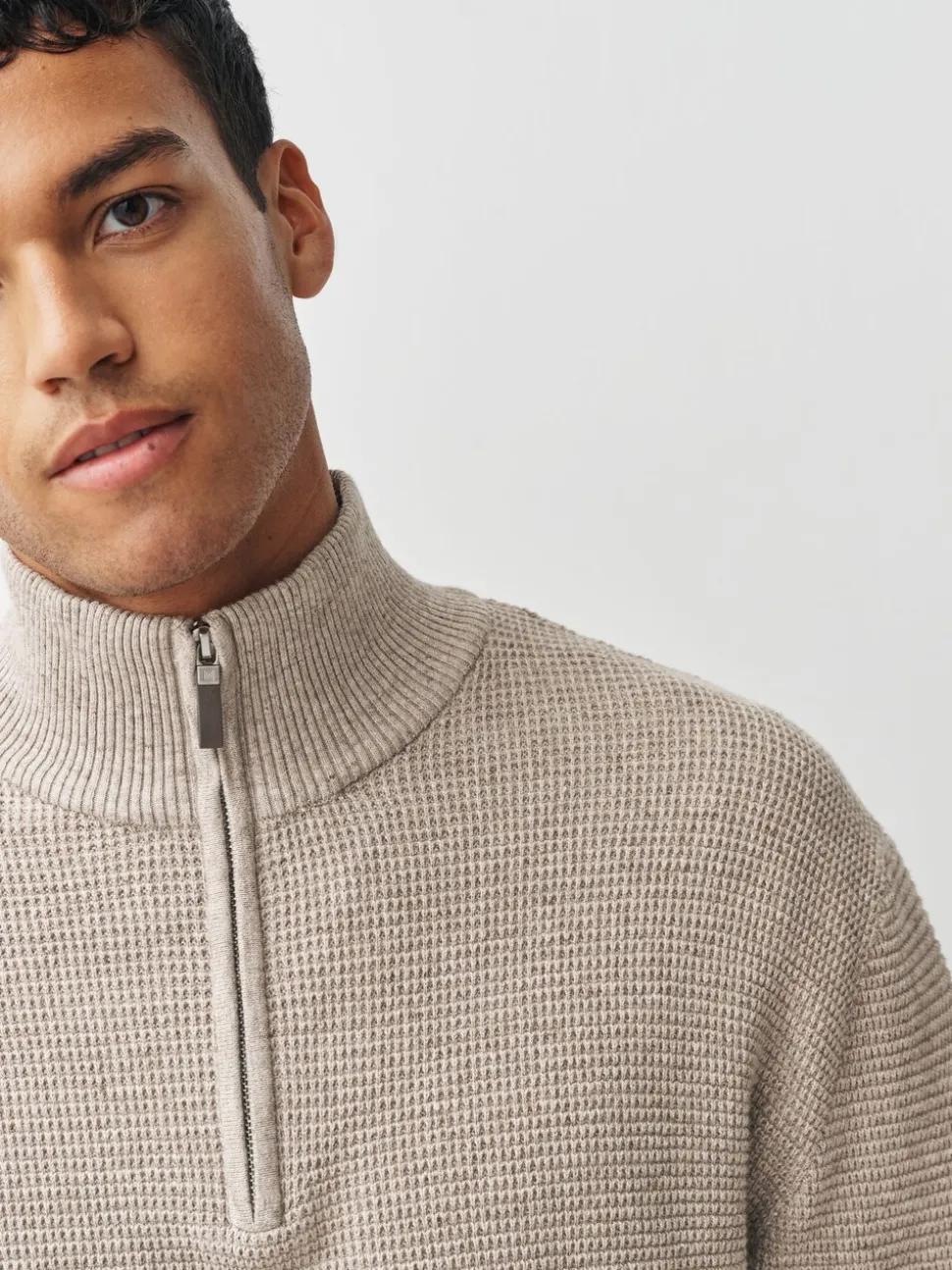 Neutraal - Effen - Regular Fit Cotton Rich Textured Premium Quarter Zip Jumper