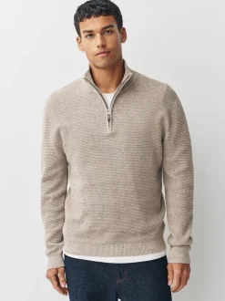 Neutraal - Effen - Regular Fit Cotton Rich Textured Premium Quarter Zip Jumper