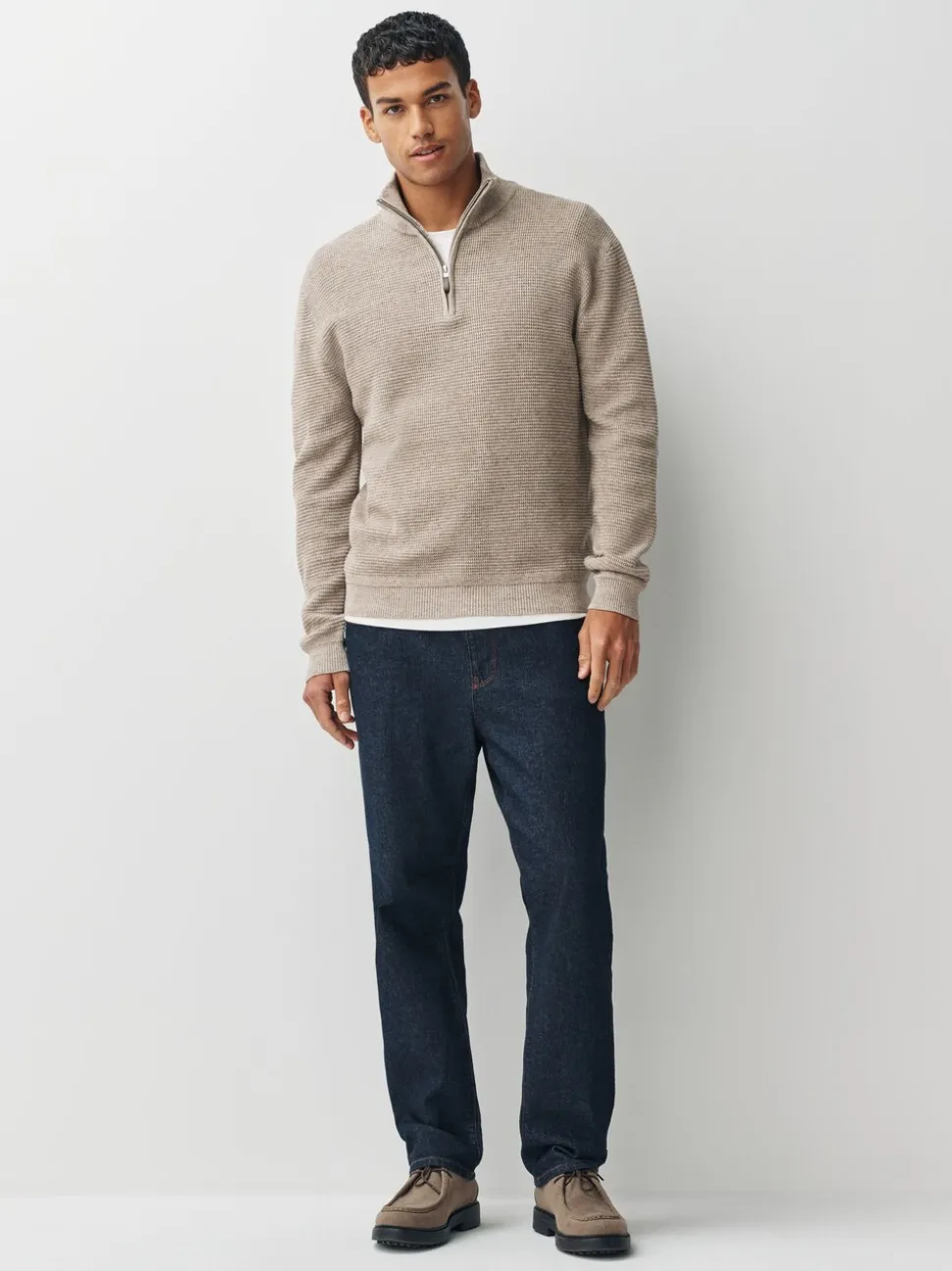 Neutraal - Effen - Regular Fit Cotton Rich Textured Premium Quarter Zip Jumper