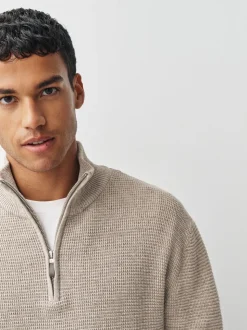 Neutraal - Effen - Regular Fit Cotton Rich Textured Premium Quarter Zip Jumper