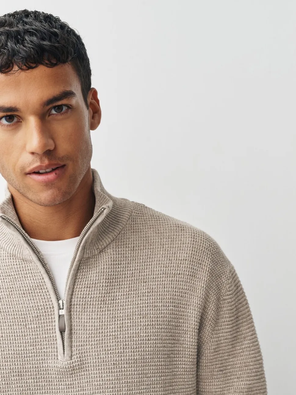 Neutraal - Effen - Regular Fit Cotton Rich Textured Premium Quarter Zip Jumper